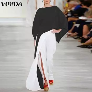 VONDA Женская мода круглый вырез длинный рукав контрастного цвета топы брюки комплекты L чёрный