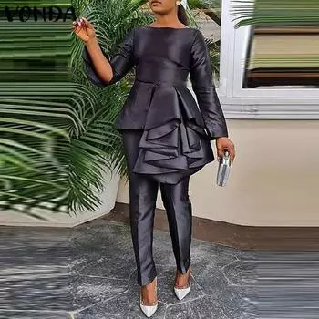 VONDA Женская мода круглый вырез длинный рукав многослойный оборчатый подол топ брюки комплекты S чёрный
