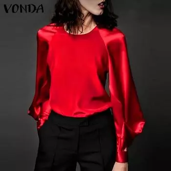 VONDA Женская мода круглый вырез однотонные длинные рукава свободные блузки S красный