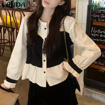 VONDA Женская мода кружева круглый вырез контрастного цвета длинный рукав сращивание рубашки S чёрный