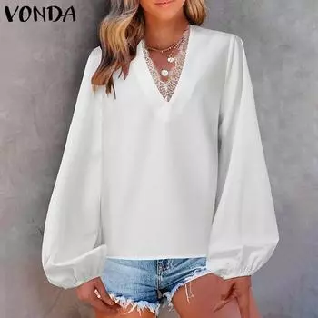 VONDA Женская мода кружева V-образный вырез однотонные длинные рукава блузки S чёрный