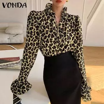 VONDA Женская мода кружевной воротник-стойка леопардовый принт длинные рукава блузки S синий