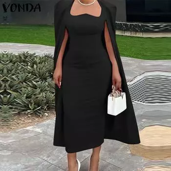 VONDA Женская мода квадратный вырез длинный рукав однотонные обтягивающие платья S чёрный