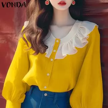 VONDA Женская мода оборки вокруг шеи фонарики длинные рукава рубашки 4XL темно-розовый