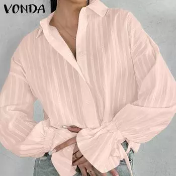 VONDA Женская мода однотонная рубашка с воротником в полоску с оборками и длинным рукавом S зелёный