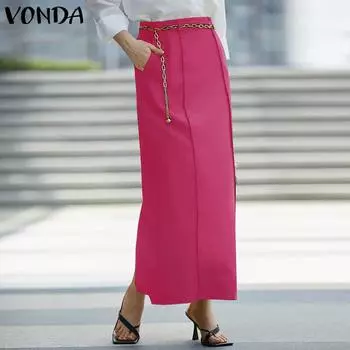 VONDA Женская мода однотонная свободная юбка с разрезом на кармане