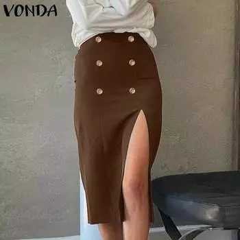 VONDA Женская мода пуговицы однотонные юбки карандаш с разрезом S чёрный