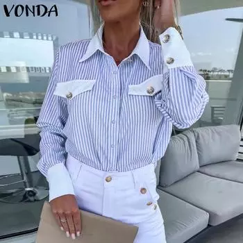 VONDA Женская мода рубашка воротник длинный рукав полосатый свободные рубашки S розовый