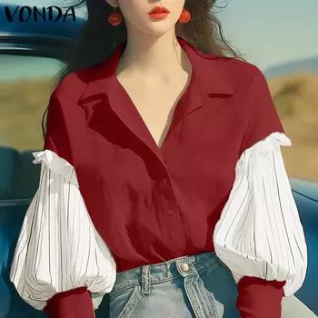 VONDA Женская мода с лацканами, полосатые рубашки с длинным рукавом и контрастным узором 5XL жёлтый