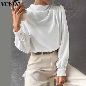 VONDA Женская мода с оборками и длинными рукавами, однотонные блузки S белый