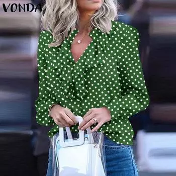 VONDA Женская мода с оборками и воротником-стойкой, длинные рукава, рубашки в горошек S чёрный