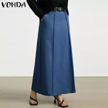VONDA Женская модная однотонная свободная юбка А-силуэта с высокой талией S темно-синий