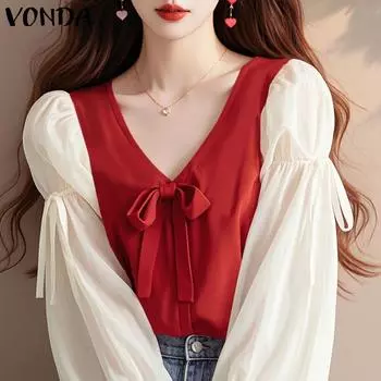 VONDA Женская мода V-образный вырез с контрастной цветной строчкой Длинные рукава Блузки L красный