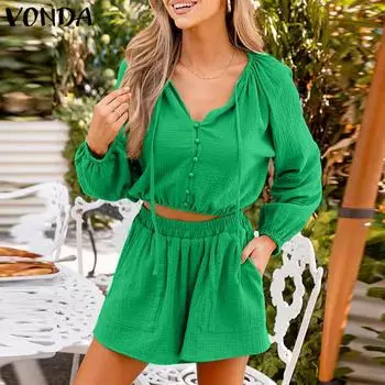 VONDA Женская мода V-образный вырез завязка Puff длинный рукав топ шорты комплекты S белый