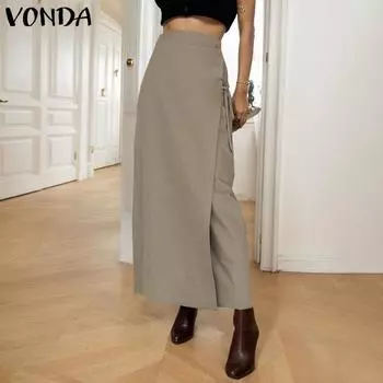 VONDA Женская мода Высокая талия завязка однотонные юбки в стиле пэчворк 4XL чёрный