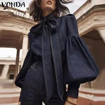 VONDA Женская мода воротник-стойка фонарь длинный рукав галстук однотонный цвет свободная блузка