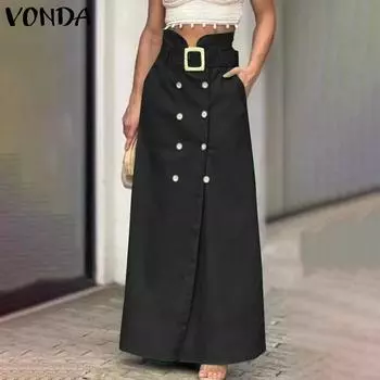 VONDA Женская модная однотонная свободная юбка с высокой талией и разрезом на пуговицах M зелёный