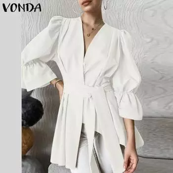 VONDA Женская модная рубашка с V-образным вырезом и длинными рукавами, однотонная рубашка с галстуком S бежевый
