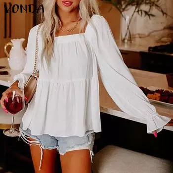 VONDA Женская однотонная блузка с v-образным вырезом и длинными рукавами-фонариками