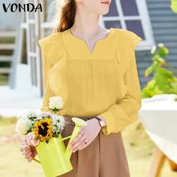 VONDA Женская однотонная блузка с v-образным вырезом и длинными рукавами и рюшами