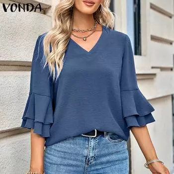 VONDA Женская однотонная блузка с V-образным вырезом и расклешенными рукавами 3/4