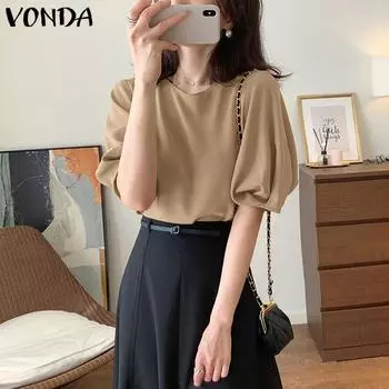 VONDA Женская однотонная блузка с v-образным вырезом и пышными рукавами