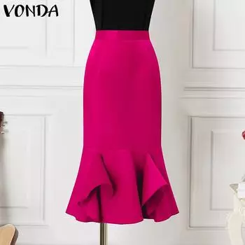 VONDA Женская однотонная плиссированная юбка с неровным подолом и талией 4XL зелёный