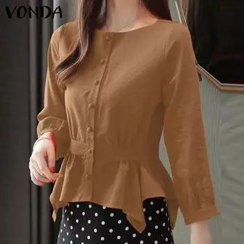 VONDA женская однотонная повседневная рубашка с круглым вырезом и пуговицами на талии