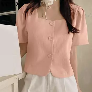 VONDA женская однотонная повседневная рубашка с квадратным воротником и короткими рукавами на пуговицах