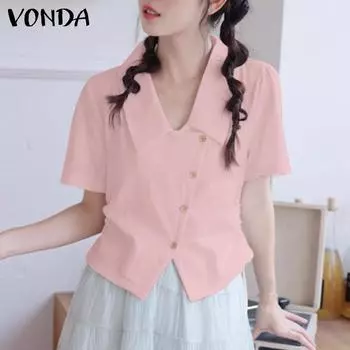 VONDA женская однотонная рубашка на пуговицах с лацканами и наклонной планкой, с коротким рукавом