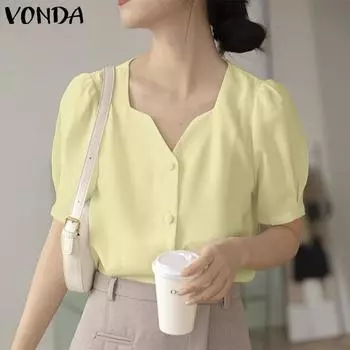 VONDA женская однотонная рубашка с v-образным вырезом и настоящей планкой, с короткими рукавами и пуговицами 5XL жёлтый