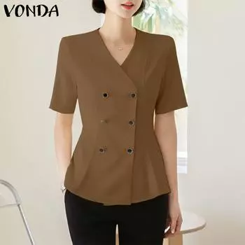 VONDA Женская однотонная рубашка с v-образным вырезом и короткими рукавами с двойными пуговицами