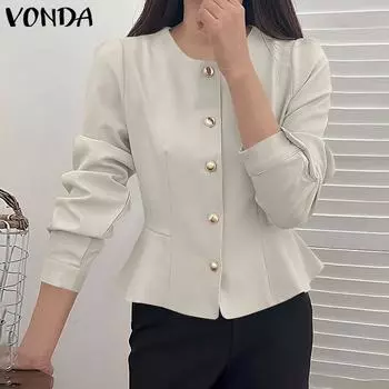 VONDA женская однотонная свободная блузка на пуговицах с круглым вырезом и длинными рукавами