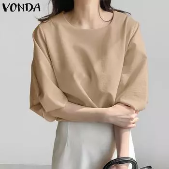 VONDA женская однотонная свободная блузка с круглым вырезом и манжетами 3/4