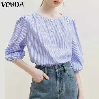 VONDA женская однотонная свободная блузка с круглым вырезом и рукавами 3/4, полосатая накладная планка и пуговицы