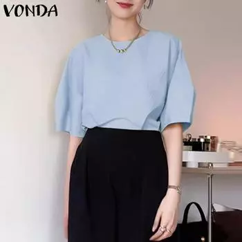 VONDA женская однотонная свободная блузка с круглым вырезом и рукавами-пузырьками до половины рукава