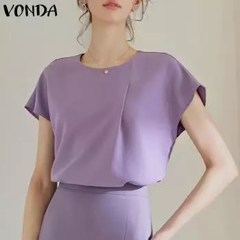 VONDA женская однотонная свободная блузка с круглым вырезом, заниженными плечами и короткими рукавами
