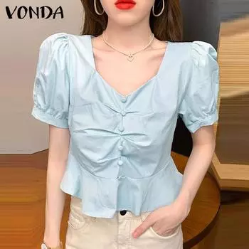 VONDA женская однотонная свободная блузка с квадратным вырезом и короткими рукавами и пуговицами, плиссированная, с рюшами и подолом
