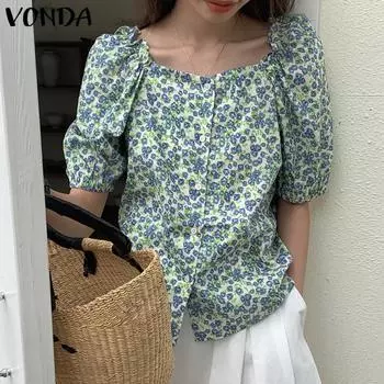 VONDA женская однотонная свободная блузка с квадратным вырезом и короткими рукавами и цветочным принтом