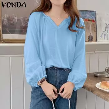 VONDA женская однотонная свободная блузка с v-образным вырезом и длинными рукавами