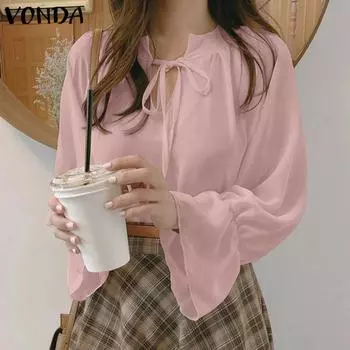 VONDA женская однотонная свободная блузка с v-образным вырезом и воротником-стойкой с длинными рукавами L белый