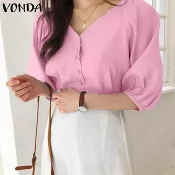 VONDA женская однотонная свободная блузка с v-образным вырезом и пышными рукавами 3/4