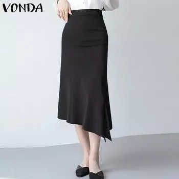 VONDA женская однотонная свободная прямая асимметричная юбка с завышенной талией