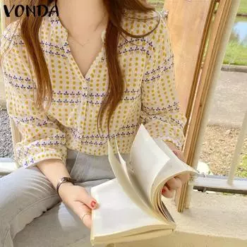 VONDA женская однотонная свободная рубашка с круглым вырезом 3/4 и длинными рукавами и пуговицами с принтом 4XL жёлтый
