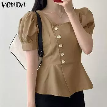 VONDA женская однотонная свободная рубашка с квадратным вырезом и пышной юбкой с короткими рукавами и косой планкой на пуговицах на талии и подол