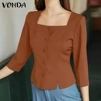 VONDA женская однотонная свободная рубашка с квадратным вырезом и длинным рукавом с разрезом и пуговицами