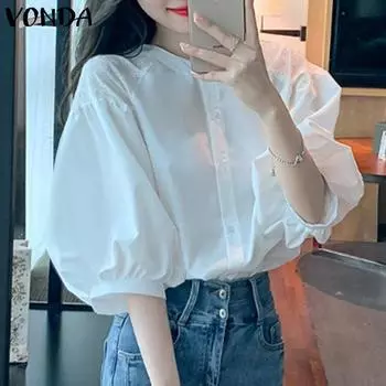 VONDA женская однотонная свободная рубашка с воротником-стойкой и длинными рукавами и кружевными пуговицами
