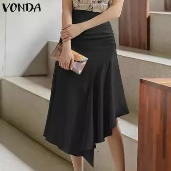 VONDA женская однотонная свободная юбка с завышенной талией и неровным подолом S бежевый