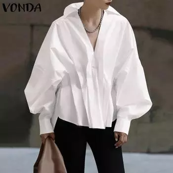 VONDA Женская осенняя мода с лацканами и длинными рукавами, плиссированная рубашка