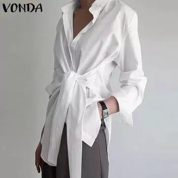VONDA Женская осенняя рубашка с воротником и длинным рукавом, завязывающаяся на талии M белый